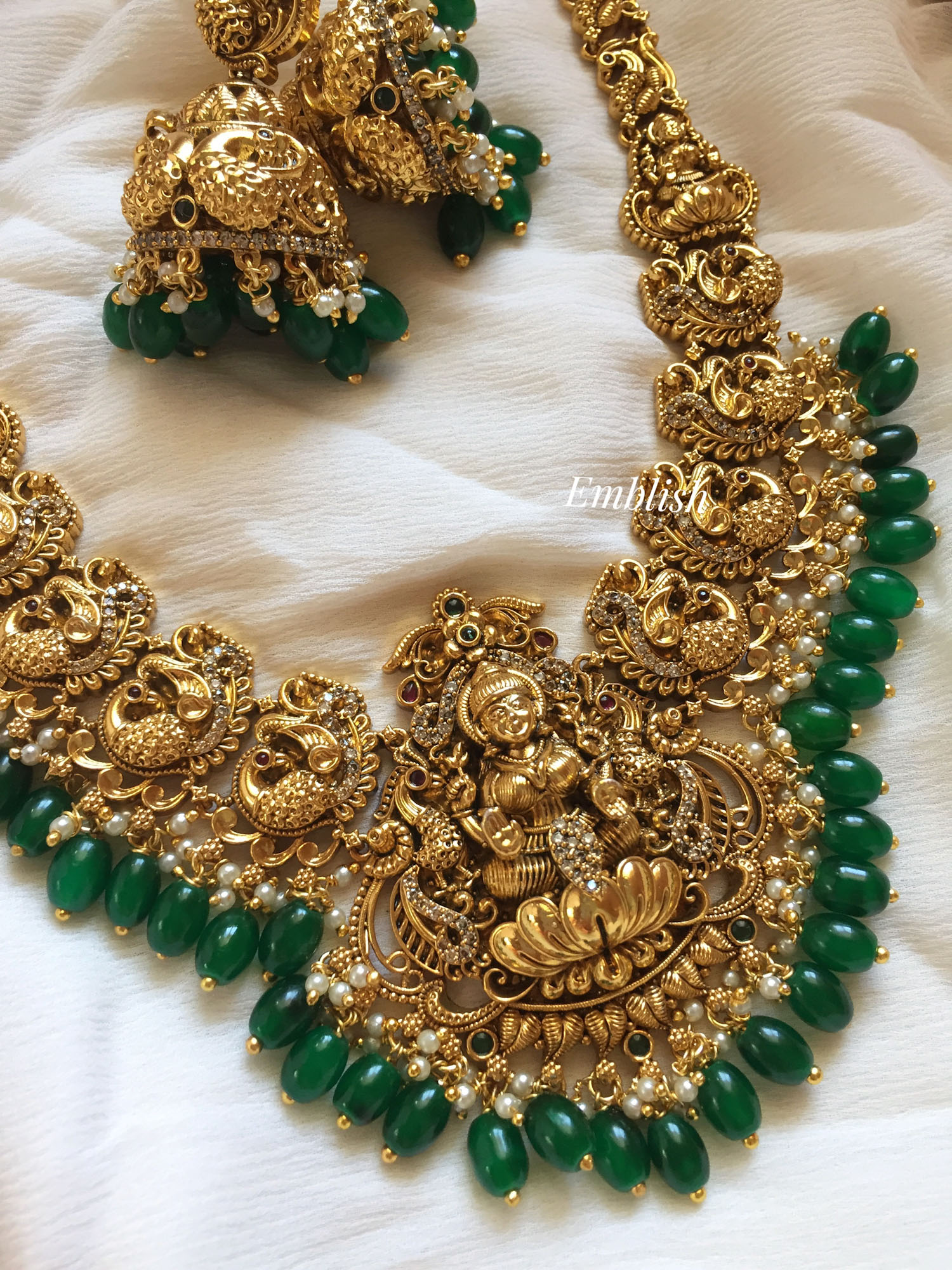 Lakshmi with Double Peacock Double Beads Neckpiece - Green Beads